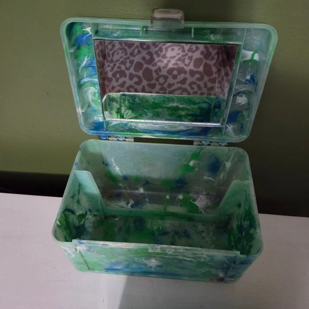 Caboodle Vintage Green Blue Marble Makeup Organizer Mirror Case